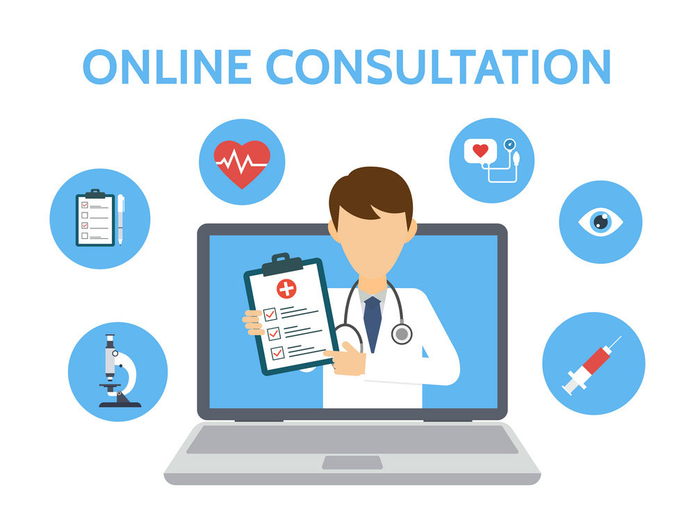 Online medical consultation and support. Doctor online. Internet health service concept. Banner with doctor and medical tests. Online doctor diagnosis. Vector illustration